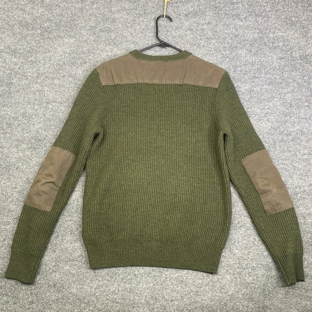 Ron Dorff Mens 100% Wool Ribbed Military Sweater Olive Green Patches L 08SW1502